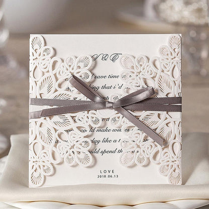 White Laser Cut with Grey Bowknot wedding invitation,Invitations - DorisHome