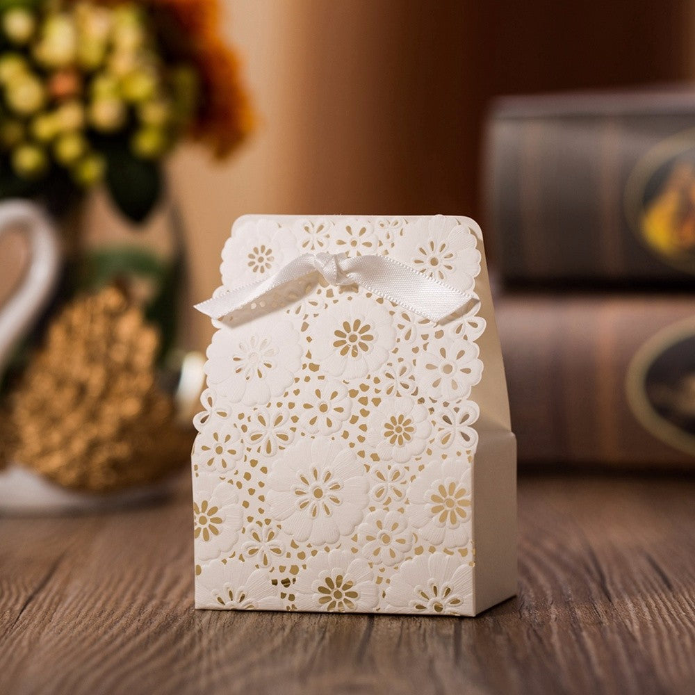 100 pcs White Flower Laser Cut Wedding Favor Boxes Candy Box, CB5191W - DorisHome