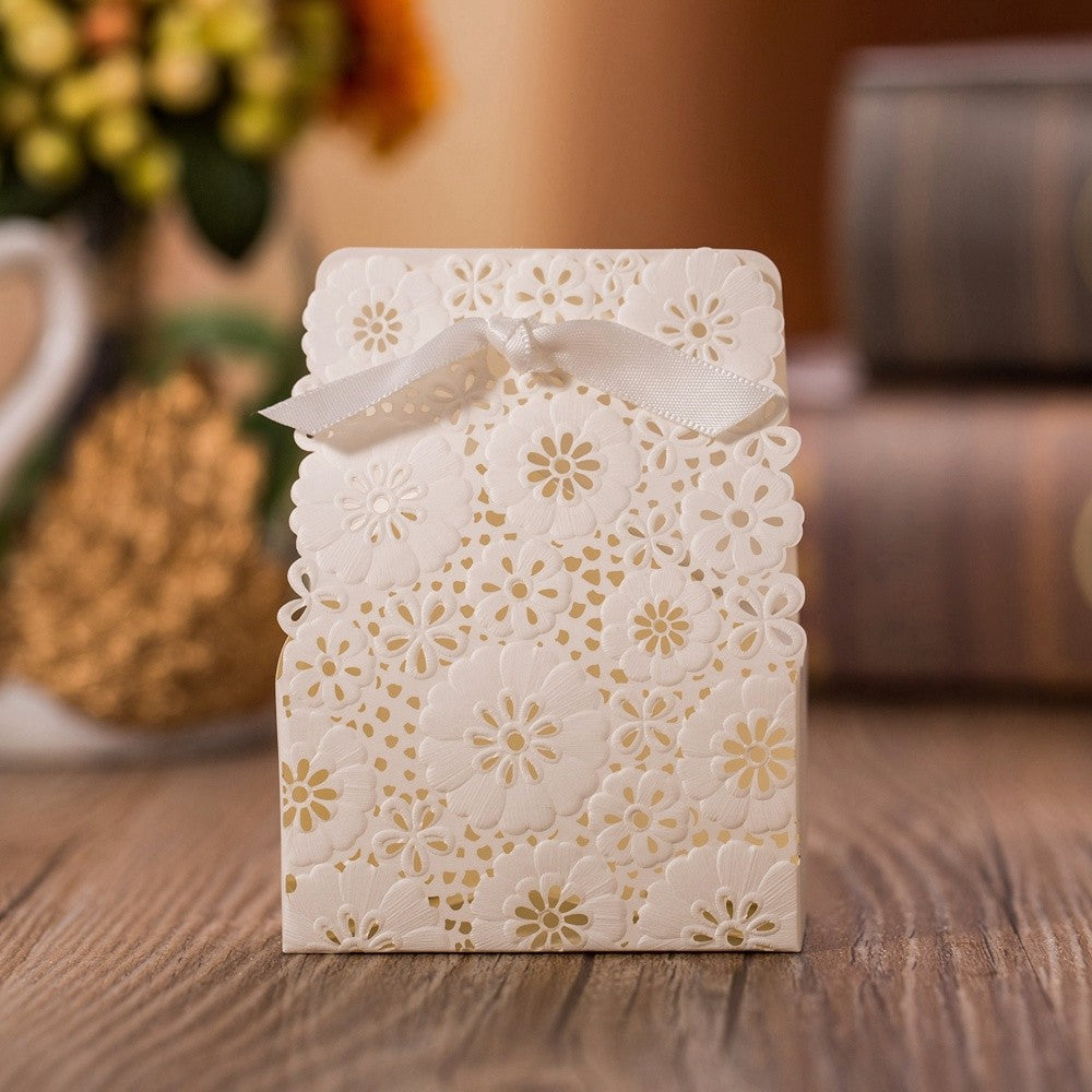 100 pcs White Flower Laser Cut Wedding Favor Boxes Candy Box, CB5191W - DorisHome