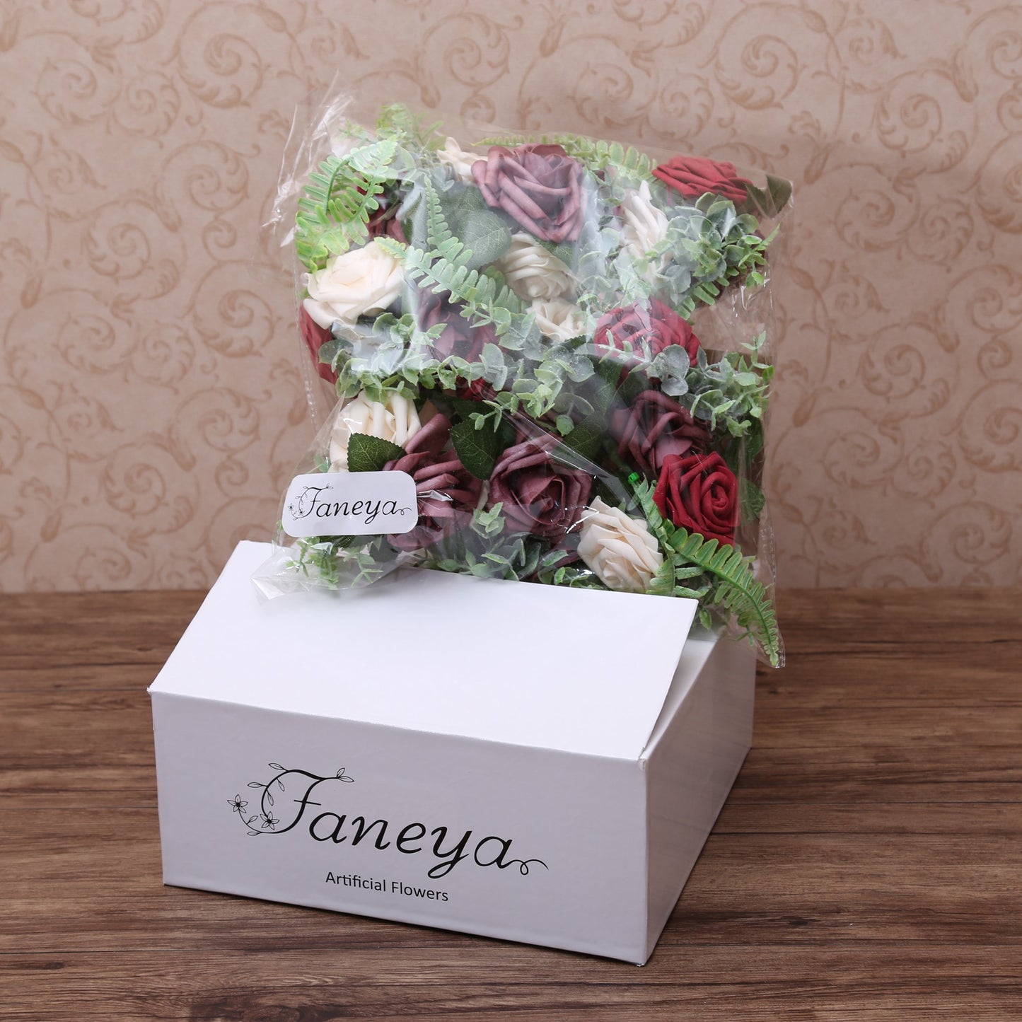 Faneya 12pcs Mauve Burgundy Cream Floral Wedding Flower Artificial Flowers