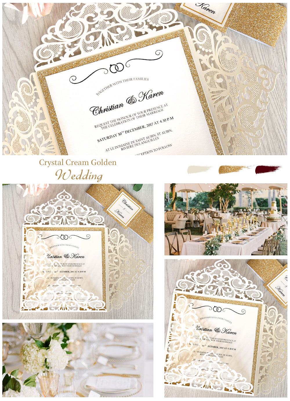 Square Ivory Wedding Invitations with Gold Glitter Border with Gold Band for Wedding, Bridal Shower, Dinner, Party - DorisHome