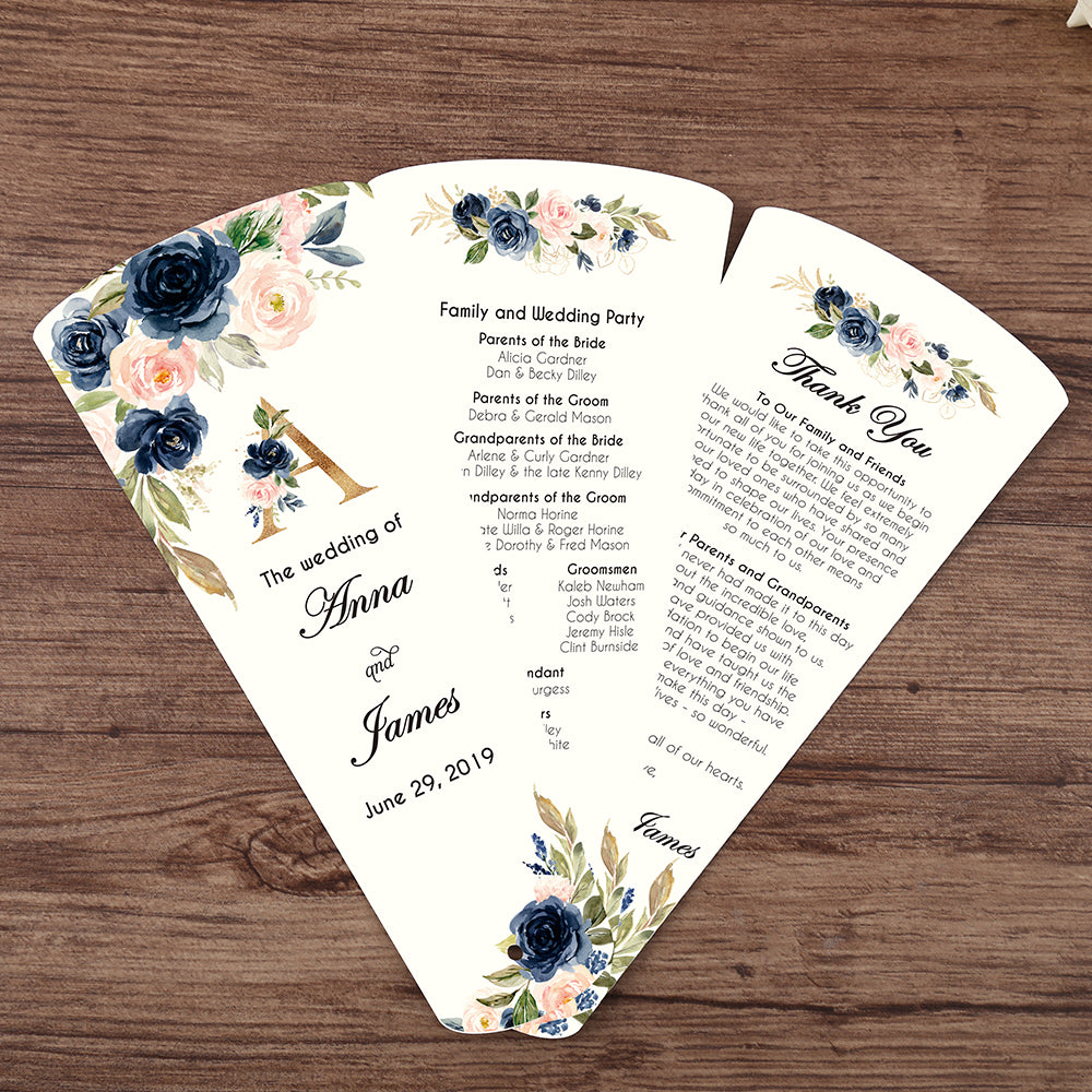 Wedding Program Petal Fans Assembled, Single page printing, Customized printed,three pages - DorisHome