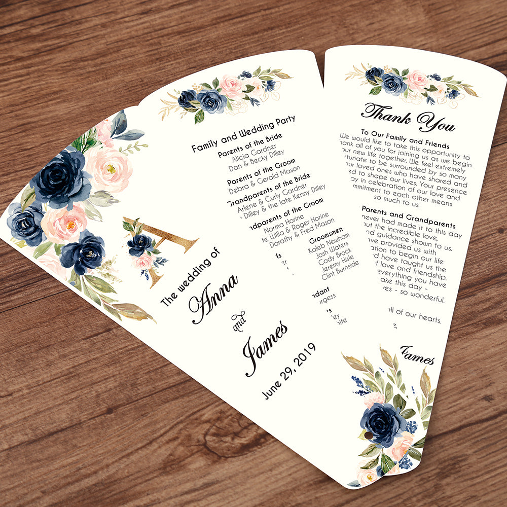 Wedding Program Petal Fans Assembled, Single page printing, Customized printed,three pages - DorisHome