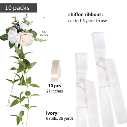Wedding Aisle Decorations White Pew Flowers Set of 10 for Wedding Ceremony Party Chair Decor with Artificial Flowers Eucalyptus and Ribbons