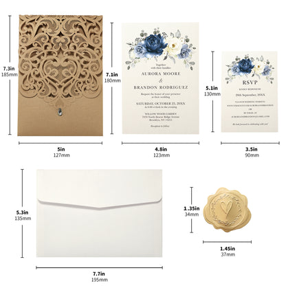 Vertical Blue Floral Laser cut invitations for Wedding Anniversary