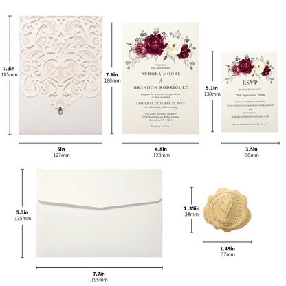 Vertical Burgundy Floral Laser cut invitations for Wedding Anniversary