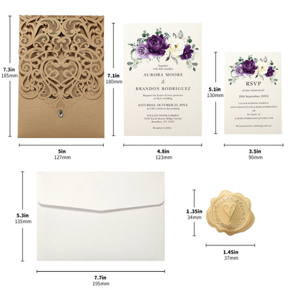 Vertical Purple Floral Laser cut invitations for Wedding Anniversary