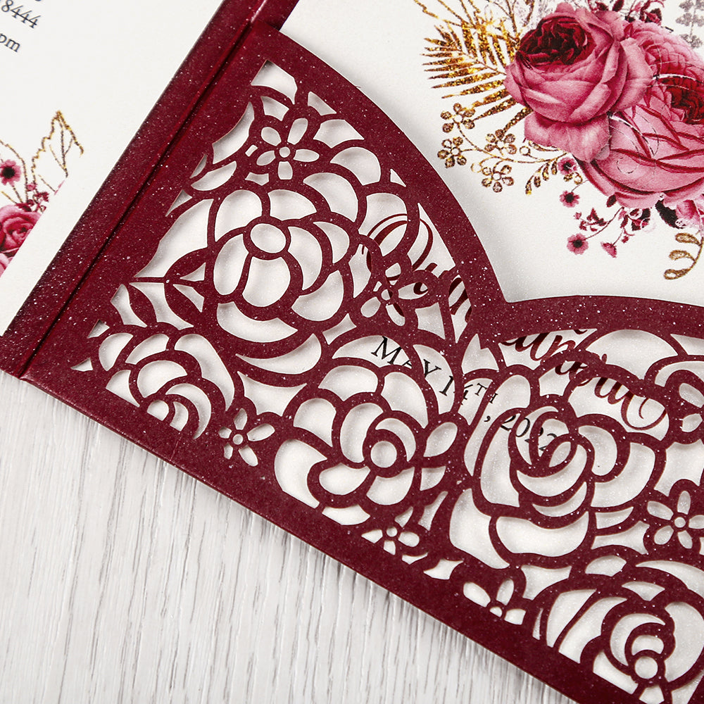 4.7 x7 inch Burgundy Laser Cut Hollow Rose Wedding Invitations Cards with Pearlized Pockets and Envelopes for Wedding Bridal Shower - DorisHome