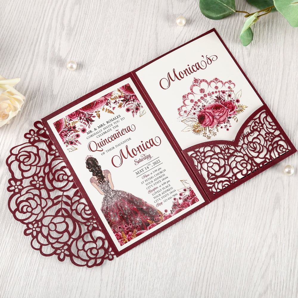 4.7 x7 inch Burgundy Laser Cut Hollow Rose Wedding Invitations Cards with Pearlized Pockets and Envelopes for Wedding Bridal Shower - DorisHome